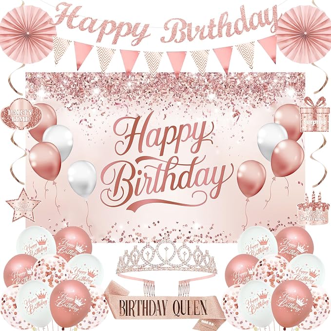 Trgowaul Birthday Decorations Party Set for Women Girls, Rose Gold Happy Birthday Banner, Sash and Tiara, Pink Balloons, Pink Party Supplies Ideas Decor for Her