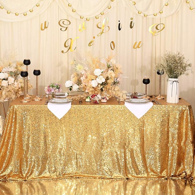 Poise3EHome Gold Sequin Tablecloth 50×80 Inch Rectangle Sparkly Fabric Table Cover Overlay for Wedding Birthday Party Christmas Holiday Baby Shower Decoration