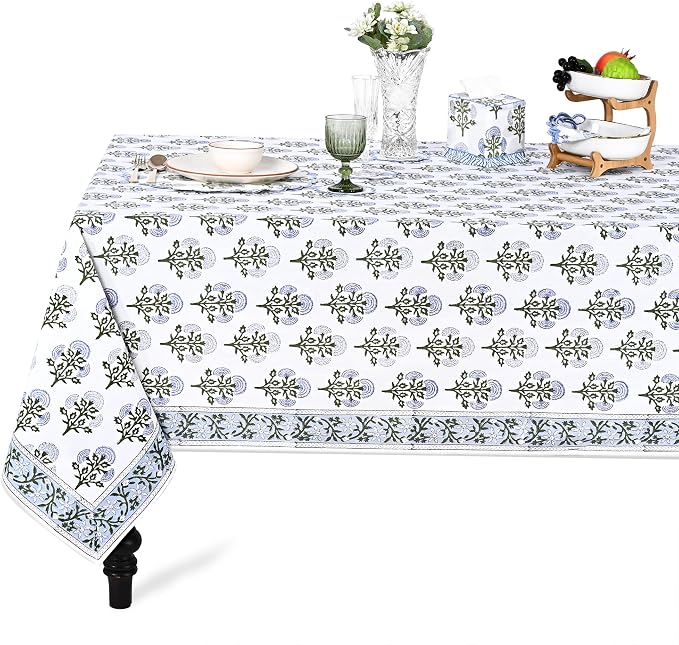 Ridhi Mughal Buta Blue Hand Block Print Cotton Rectangle Tablecloth 108" x 60" inches Reusable Table Cover Decorative Everyday Use for Dining Room, Farmhouse, Home Gift for Spring, Mother's Day