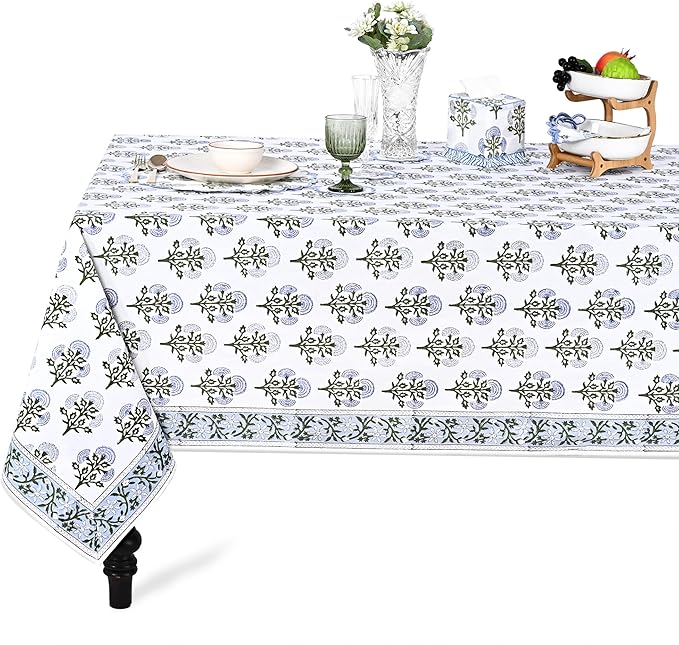 Ridhi Mughal Buta Blue Hand Block Print Cotton Rectangle Tablecloth 102" x 48" inches Reusable Table Cover Decorative Everyday Use for Dining Room, Farmhouse, Home Gift for Spring, Mother's Day
