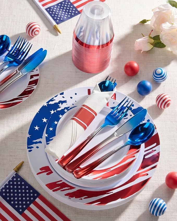 Goodluck 350 Piece 4th of July Red Blue Plastic Dinnerware Set for 50 Guests, Disposable Plates for Independence Day Supplies, Include: 100 Plates, 50 Pre Rolled Napkins with Silverware, 50 Cups