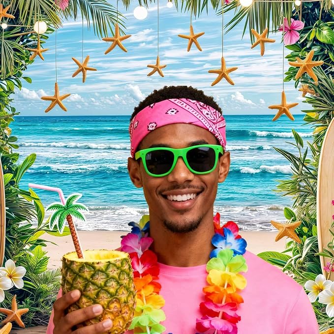 8X6ft Summer Hawaiian Beach Backdrop Tropical Flower Flamingo Palm Leaves Surfboard Backbrops Photography Background for Aloha Luau Theme Party Decorations Banner Photo Props