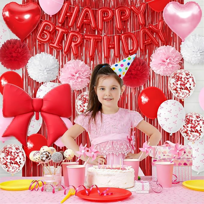 Red Pink Bow Birthday Decorations for Women Girls, Happy Birthday Balloon Banner with Bow and Heart Foil Balloons Fringe Curtain Tissue Paper Pompoms Garland Party Supplies