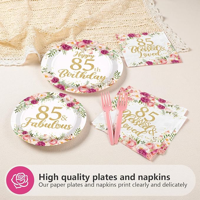 96Pcs 85th Birthday Decorations for Women Rose Gold Floral Party Plates and Napkins Disposable 85th Birthday Gifts Tableware Set for Women Fabulous Party Decorations Serves 24