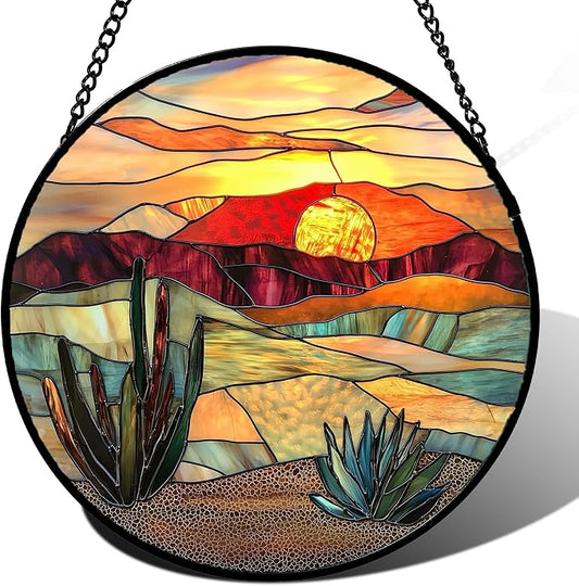 DASTOLL Stained Glass Window Hanging, Golden Landscape Dusk Sunset Suncatcher for Doors Window Home Cactus Sun Catchers Decoration Mother's Day Birthday Gifts for Women, Men, and Mom 15 in
