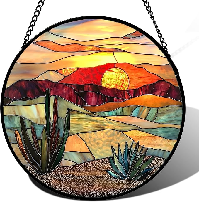 DASTOLL Stained Glass Window Hanging, Golden Landscape Dusk Sunset Suncatcher for Doors Window Home Cactus Sun Catchers Decoration Mother's Day Birthday Gifts for Women, Men, and Mom 6.3 in