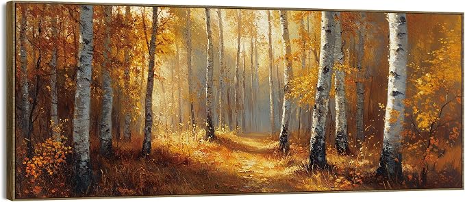 TLESKE Vintage Orange Fall Birch Tree Forest Large Wall Art Decor Framed 15x40, Rustic Farmhouse Autumn Canvas Wall Art Print for Bedroom Living Room, Fall Nature Wall Artwork Picture