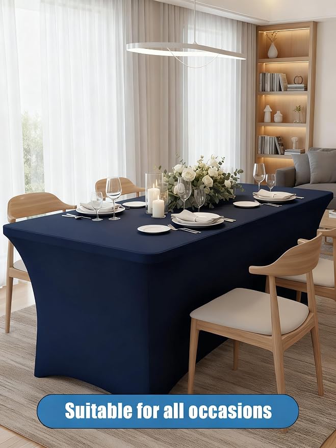 6FT Navy Blue Table Cloth - 2 Pack Fitted Stretch Rectangle Spandex Tablecloth, Washable Table Cover for Party, Picnic, Wedding, Banquet, Birthday and Festival(30" x 72")
