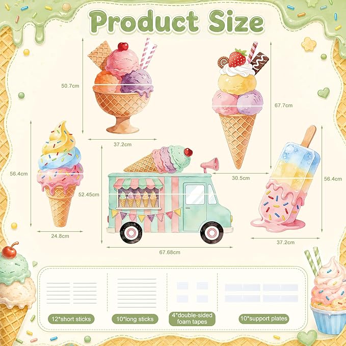 5 PCS 20" Ice Cream Cardboard Cutouts for Birthday Party Decorations, Large Sweet Theme Outdoor Yard Signs, Ice Cream Truck & Cone Standee for Candy Land Party Photo Booth Props Backdrop