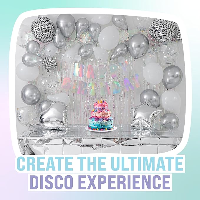 ecoZen Disco Decorations Set - Iridescent Party Supplies with Banner, Cutlery, Cupcake Toppers, Disco Ball Balloons - Great for Birthdays, Bridal Showers, Family Events, and Funfilled Celebrations