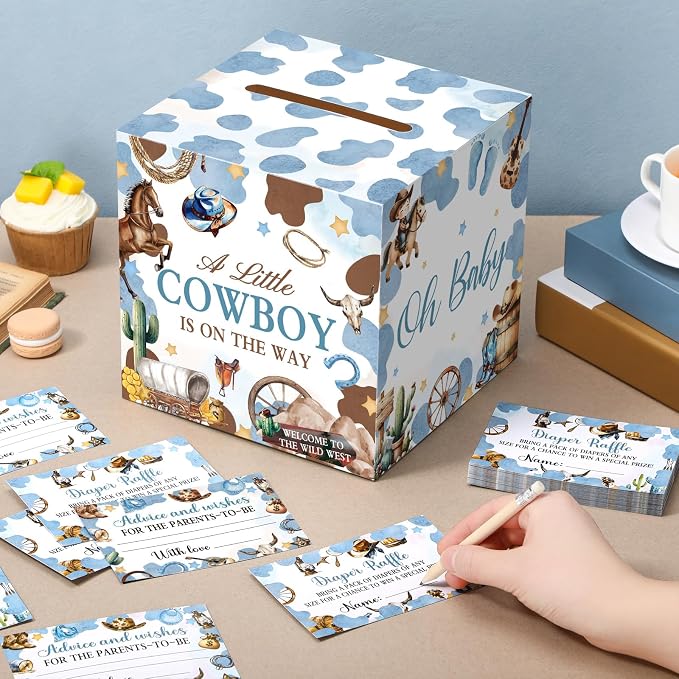 Teling 51 Pieces Diaper Raffle Tickets with Card Box Baby Shower Decorations Baby Shower Holder Box for Girl Boy Diaper Raffle Party(A Small Cowboy is on the Way)