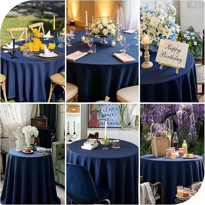 WIGENIUS 6 Pack Blue Table Cloth Round Tablecloths 90 Inch,Polyester Table Cloth for 5 Foot Round Tables,Wrinkle Resistant Washable Fabric Table Covers for Party,Wedding Banquet