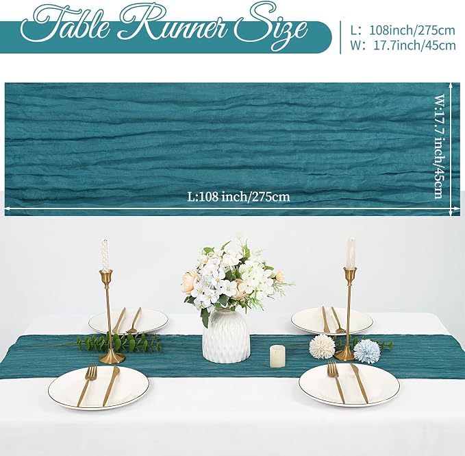 20 Pack Cheesecloth Table Runner 17 x 108 inch Long Boho Gauze Table Runners Semi Sheer Table Runner for Wedding Decor, Baby Shower, Birthday Party, Banquet (Teal)