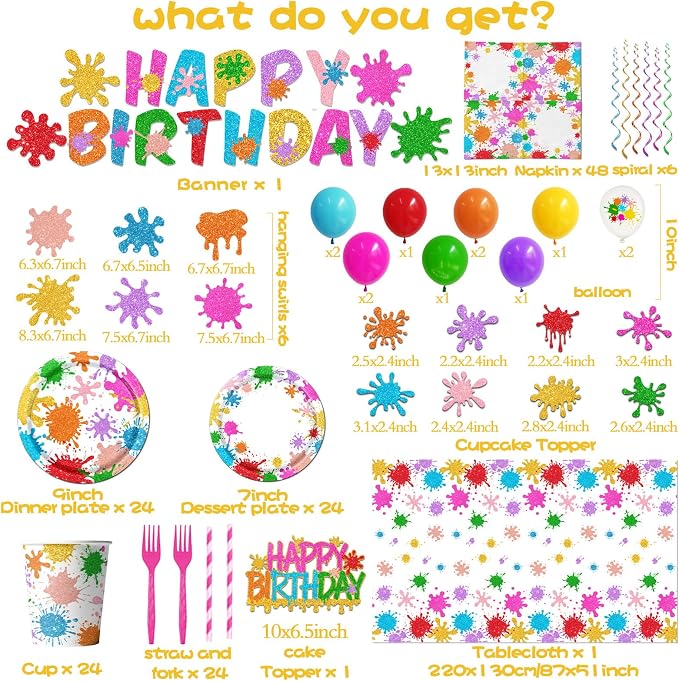 Paint Party Decorations 215Pcs Paint Splatter Party Supplies Art Party Decorations Plates,Napkins,Cups,Balloon,Cake Topper,Tablecloth for Art Painting Party Supplies Birthday Baby Shower Decorations
