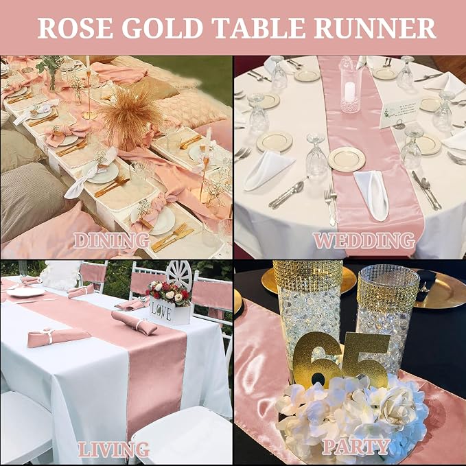 Pesonlook 15 Pack Rose Gold Satin Table Runners for Wedding 12 x 108 Inch Long Table Runners for Rectangle Round Tables,Smooth Table Runner Birthday Party Banquets Decoration