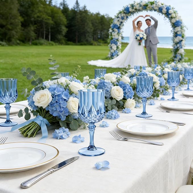 24PCS 7oz Plastic Wine Glasses Drinking Unbreakable Glassware Goblets Cups Blue Water Reusable Vintage Champagne Flutes for Valentine’s Day, Parties, Wedding (24, Blue)