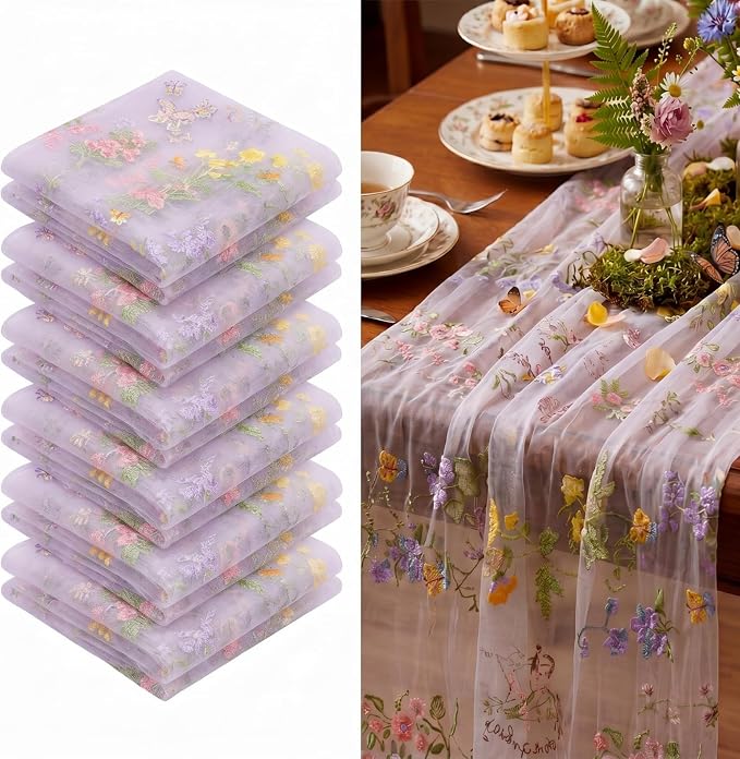 Purple Floral Table Runner 10ft Embroidery Tulle Spring Wildflower Gauze Table Runner Seasonal Summer Butterfly Kitchen Dining Decoration for Wedding Baby Shower Birthday Party (6 Pcs)