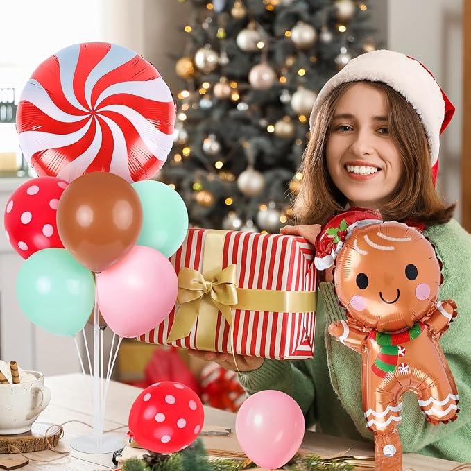 6 Sets Christmas Gingerbread Balloon Stand Kit for Table with Gingerbread Man Candy Cane Foil Balloon Centerpiece for Christmas Theme Xmas Birthday Holiday New Year Party Table Decorations