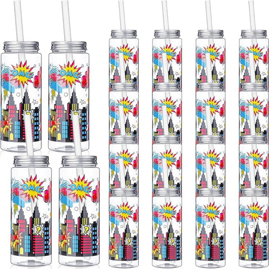LemonRoad 24 Pcs Plastic Cups with Lid and Straw 14 oz Reusable Themed Party Decorations Tumbler Beer Can Iced Coffee Cup for Preppy Party Decoration(Hero)