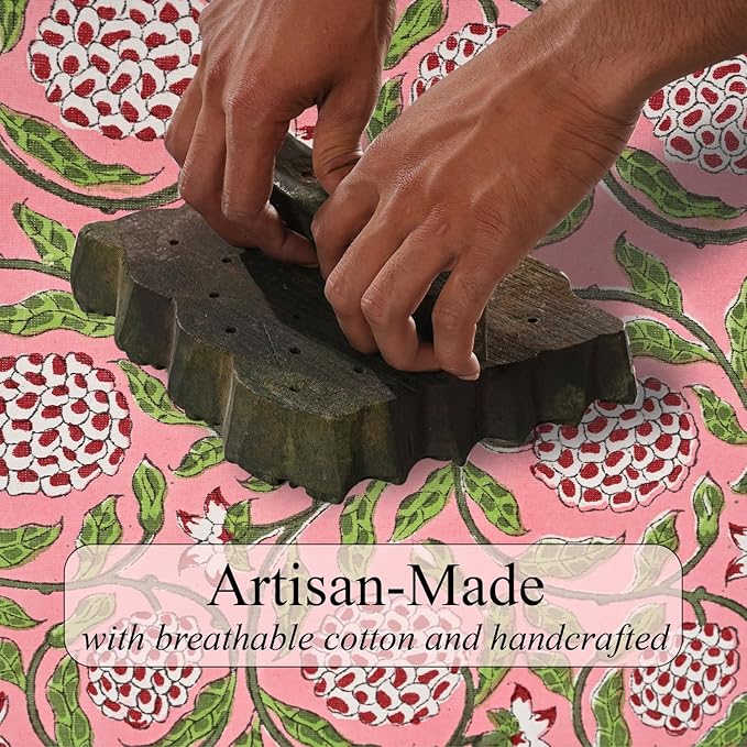 Ridhi Strawberry Pink Hand Block Print Cotton Rectangle Tablecloth 60" x 60" inches Reusable Table Cover Decorative Everyday Use for Dining Room, Farmhouse, Home Gift for Spring, Mother's Day