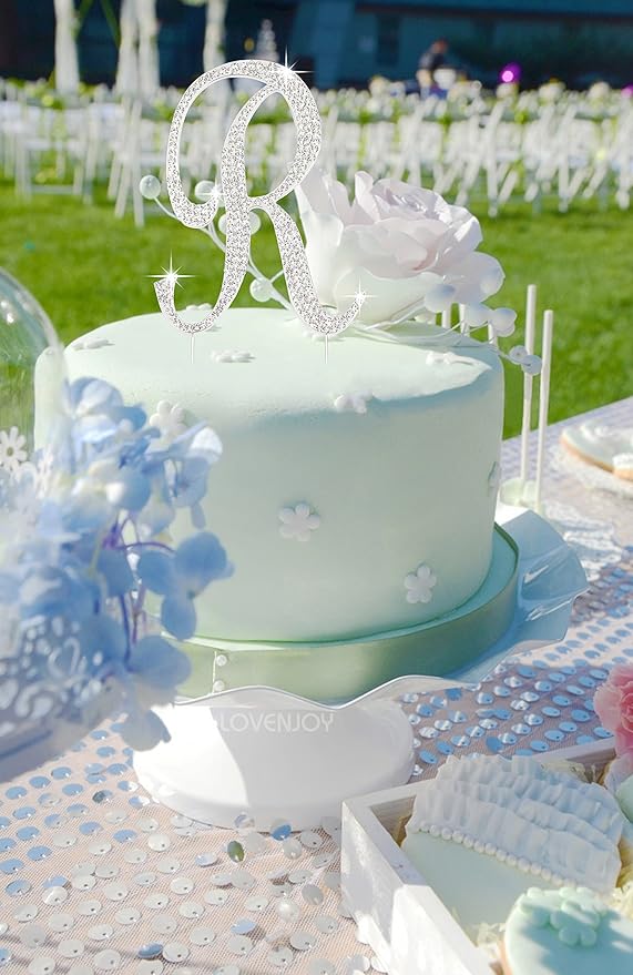 LOVENJOY Gift-Boxed 3.3" Rhinestone Letter R Cake Topper Silver