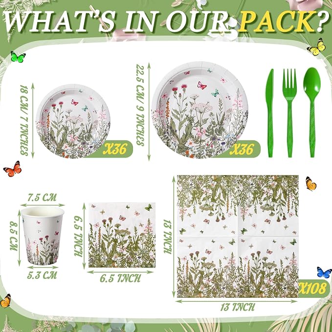 Hushee 324 Wildflower Party Supplies Paper Plates and Napkins Disposable Spring Floral Baby Shower Birthday Tableware for Spring Summer Picnic Birthday Wedding Tea Party Serves 36