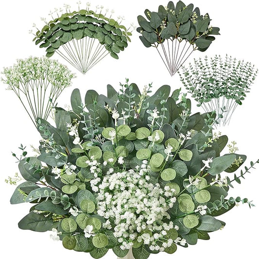 60 PCS 4 Kinds Mixed Artificial Greenery Stems,Baby Breath Flowers Artificial Bulk with Fake Eucalyptus Stems for Wedding Vase Bouquet Home Floral Decor