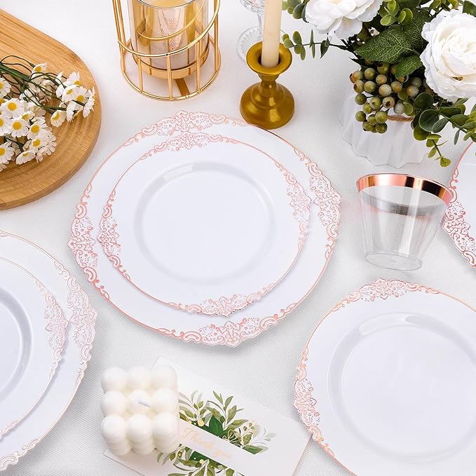 Bestluck 100 PCS White and Rose Gold Plastic Plates for 50 Guests, Rose Gold Disposable Plates Include 50 PCS Dinner Plates, 50 PCS Dessert Plates for Party, Wedding and Baby Shower