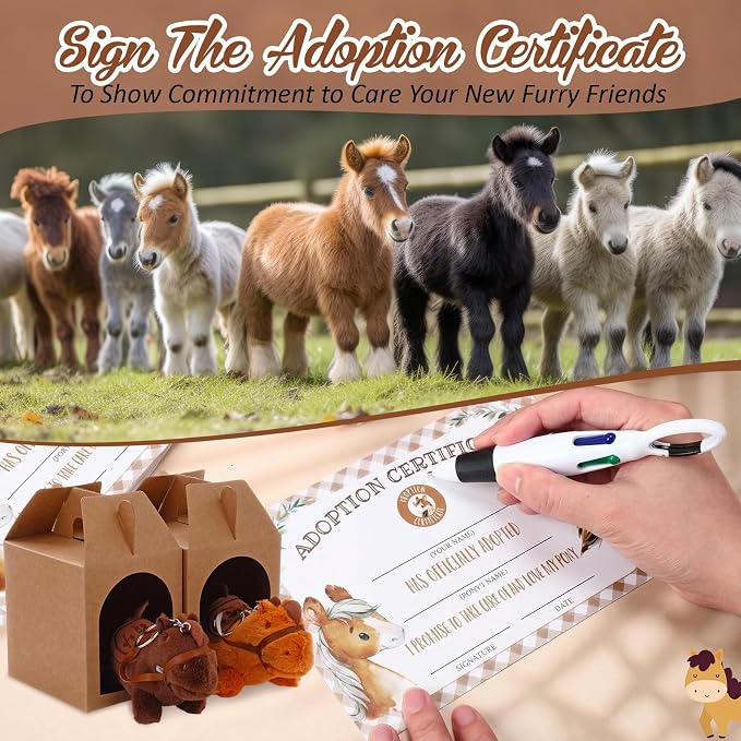 Blueweenly 84 Pcs Adopt a Pet Party Supplies 24 Mini Animals 10 White Plastic Fence 24 Paper Gift Boxes 24 Adoption Cards with Mini Chalkboard and Artificial Lawn(Brown Pony)