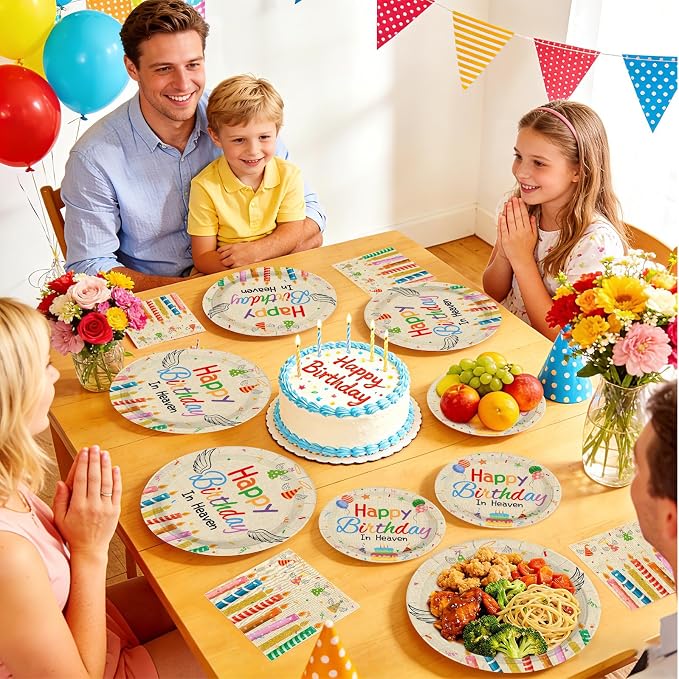 96 Pcs Happy Birthday in Heaven Party Supplies Colorful Happy Birthday Plates and Napkins Disposable Funeral Memorial Tableware Set for Sympathy Grave Cemetery Party Decorations Serves 24