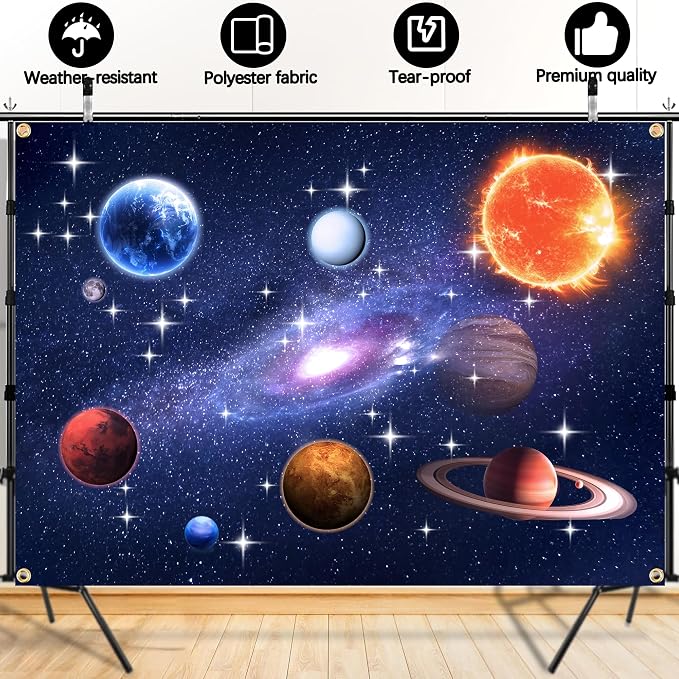 7x5FT Outer Space Backdrop with Ribbon – Galaxy Planet Space Backdrop for Boys Girls Birthday Party Decorations, Starry Sky Photography Background with Brass Grommets & Double Stitching