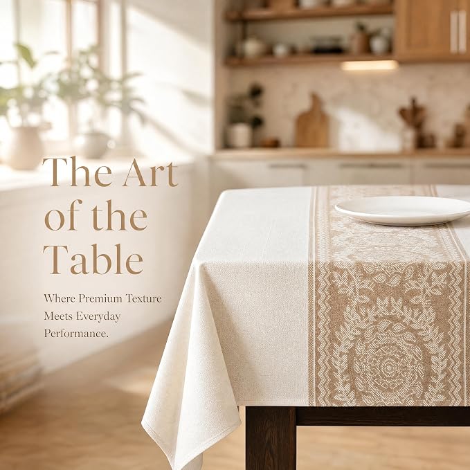 Nordic Beige Linen Tablecloth, Heavy-Duty Rectangle Cover | Spill-Resistant & Wrinkle Free Elegant Drape Table Protector for Kitchen Dining Room Party Decor