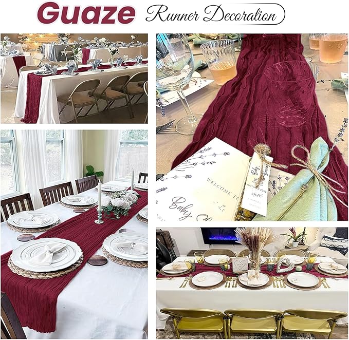 16 Pack Burgundy Cheesecloth Table Runner 20 x 120 inch Gauze Table Runners 10 FT Long,Semi Sheer Boho Cheese Cloth Fabric Table Runner Bulk for Party,Wedding,Baby Shower,Bridal Shower Decoration