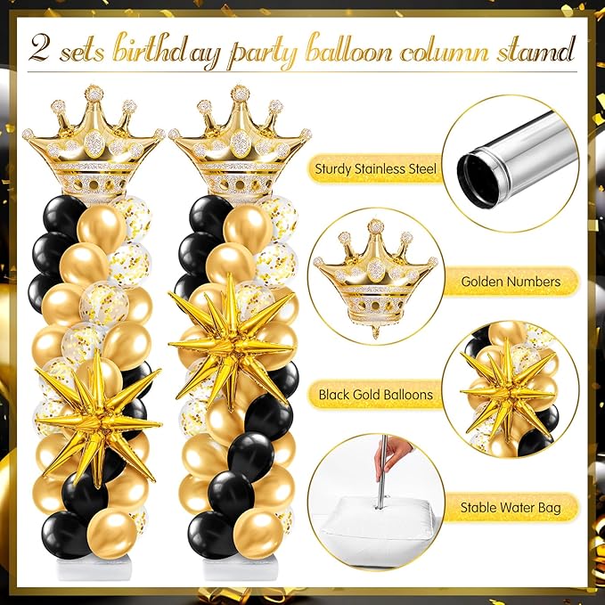 2 Sets Black and Gold Balloon Column Stand Kit with 2 Crown Foil Balloons Black and Gold Arch Garland Tower Stand with Bases for Floor for Prom Men Him Birthday Wedding Party Decorations