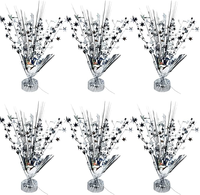 6 Pack Metallic Foil Spray Table Centerpiece Decoration Star Brust Glitter Table Topper Decor for Birthday Graduation Holiday Christmas New Year's Eve Celebration Party Supplies Black Silver