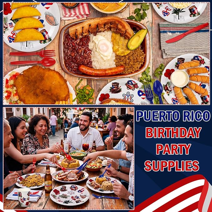 FoldTier 350 Pcs Puerto Rico Party Supplies Disposable Paper Plates Napkins Cups Puerto Rico Theme Birthday Party Decorations Tableware Flag Frog for Holiday Festival Family Friends Serve 50 Guests