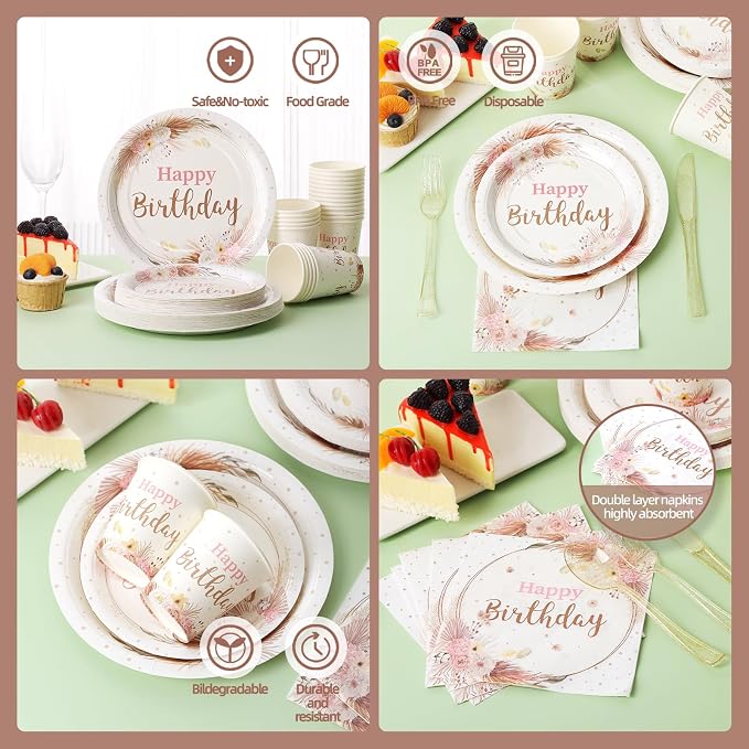 Boho Birthday Decorations for Women, Neutral Birthday Plates and Napkins Party Supplies 168Pcs, Happy Birthday Plates and Napkins Set for Boho Floral Champagne Cream Beige Party, Serve 24