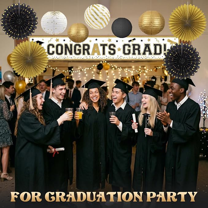 Black and Gold Party Decorations Set with Hanging Paper Lanterns Fans for Graduation Decorations 2026 50th 60th Birthday Wedding Anniversary New Year Eve Baby Shower