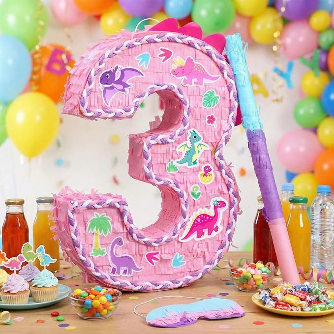 Dinosaur Pinata Set Dino Themed Pinata with Stick and Blindfold Girls Dinosaur Birthday Party for Animal Theme Party Decoration Baby Shower Game Supplies (Pink Dino)