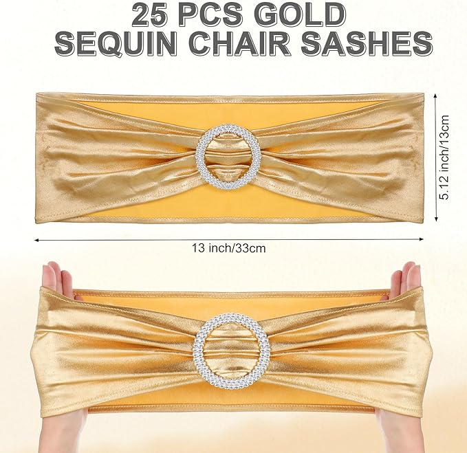 Preboun 50 Pack White Folding Chair Cover Set with 25 Spandex Chair Slipcovers 25 Sequin Chair Sashes Bow Washable Chair Protector Chair Cover for Party Wedding Banquet Event(White, Gold)