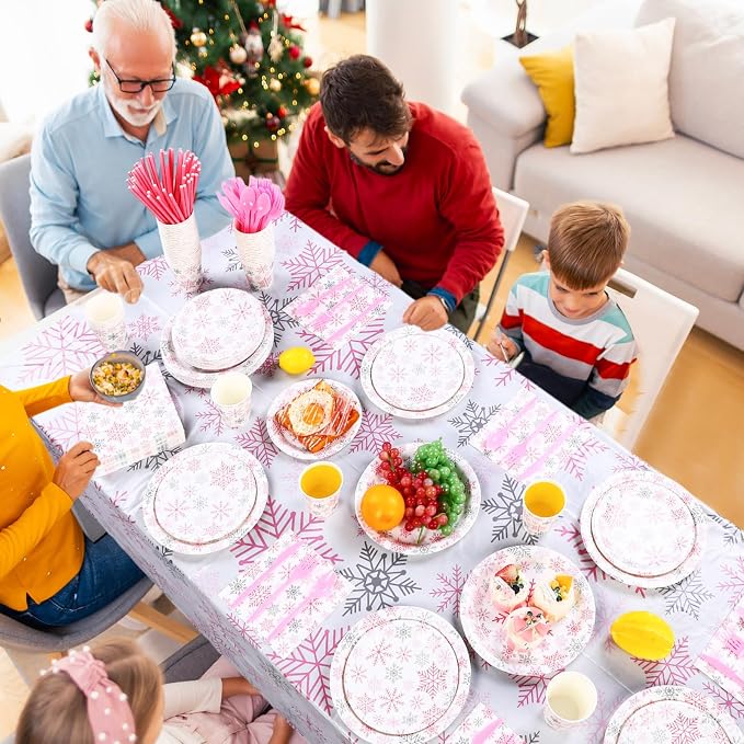 Funnymoom 452 Pcs Pink Snowflake Party Supplies Serves 50, Pink Snowflake Paper Plates Napkins Cups Tablecloth Cutlery Straws for Christmas Winter, Baby Shower Wonderland Birthday Party Decorations