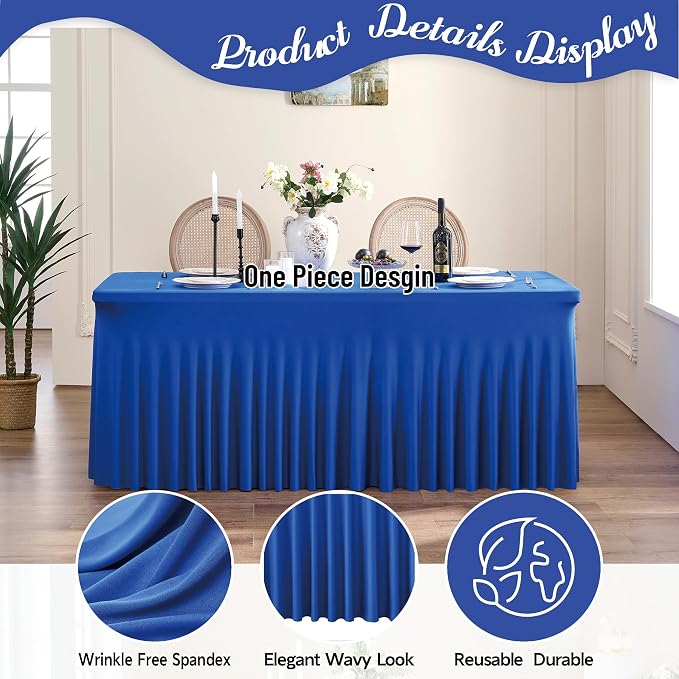 Leegleri 2 Pack Royal Blue Fitted Table Clothes for 6 Foot Rectangle Tables, Wrinkle Free 6ft Table Cover, Spandex Table Skirt for Banquet Weddings Parties