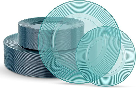 FLOWERCAT 100PCS Clear Blue Plastic Plates - Heavy Duty Plastic Plates Disposable -Straw hat plate for Birthday party &Wedding - Serve for 50Guests party(10inch & 7inch)(Mediterranean Blue)