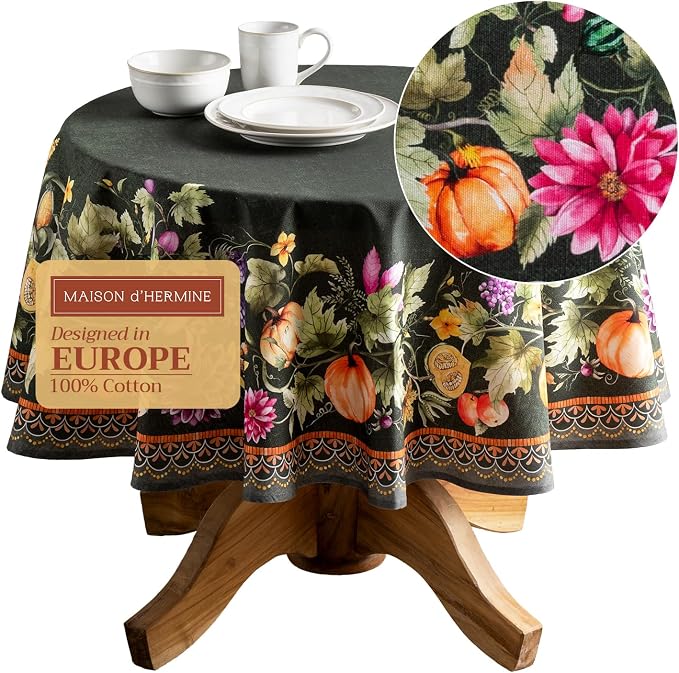 Maison d' Hermine Table Cloth Round Table 100% Cotton 69 Inches Fall Tablecloth Reusable Everyday Use for Thanksgiving Christmas Decorations Dining Farmhouse Party (Pumpkin Garden - Dark Green)