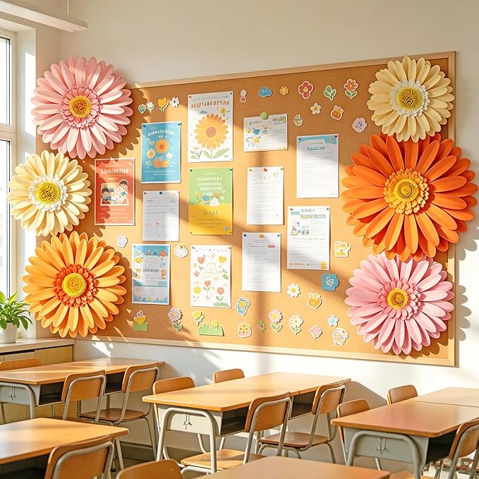 Daisy Paper Flowers Wall Decor 3D Orange Pink Large Flowers Bulletin Board Decoration Spring Garden Groovy Birthday Decorations for Women Girls Baby Shower Classroom Office Boho Nursery Wall Decor