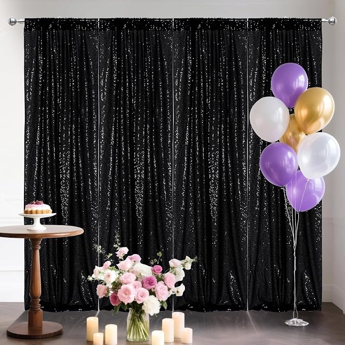 PartyDelight Black Sequin Backdrop Curtains 2x8ft 4 Panels | 3mm stitched sequin curtain with 4 inch rod pocket for 2x8ft 4 panel fuller wall coverage pleated backdrop and 8ft stand