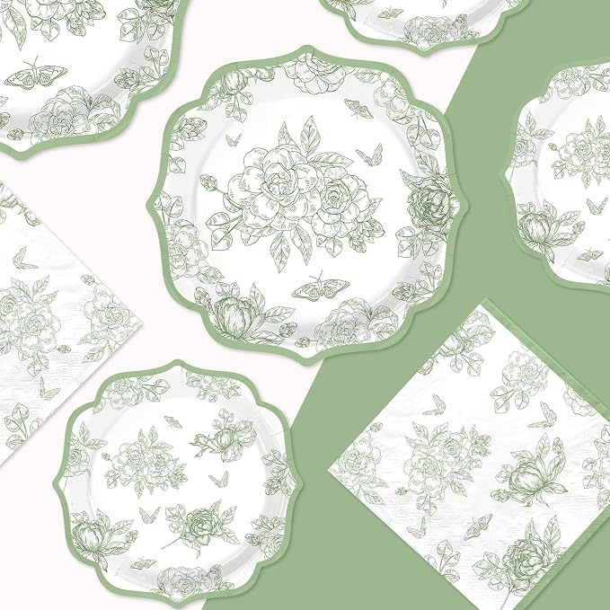 200Pcs Sage Green Party Decoration Green White Scalloped Plates and Napkins Vintage Floral Chinoiserie Disposable Tableware Set for Wedding Baby Shower Birthday Party Supplies Serves 50