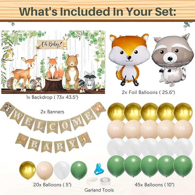 MEGA 257 Pc Woodland Baby Shower Decorations Boy & Girl Kit, Forest Animal Theme, Gender Neutral Baby Shower Decor, BABY boxes, Backdrop, Banner, Balloon Garland, Tablecloth, Plates Cups -20 Guests