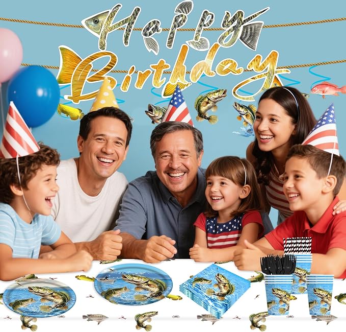 139Pcs Fishing Birthday Party Decorations Tableware Set Serves 20 Guests, Ofishally One Birthday Decorations includes Banner, Plates, Cake Topper, Cupcake Toppers, Gone Fishing Supplies for Boy