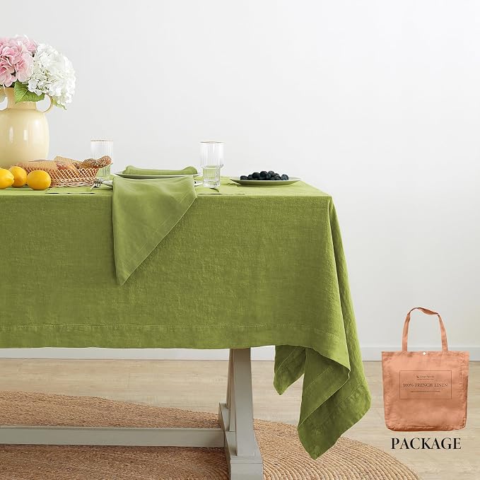Linen World Vintage Tablecloths 60x120 Inch,100% French Linen Tablecloth,Classic Vintage Washed Table Cloths for Kitchen,Outdoor,Weddings,Decorative Thanksgiving Christmas,Moss Green